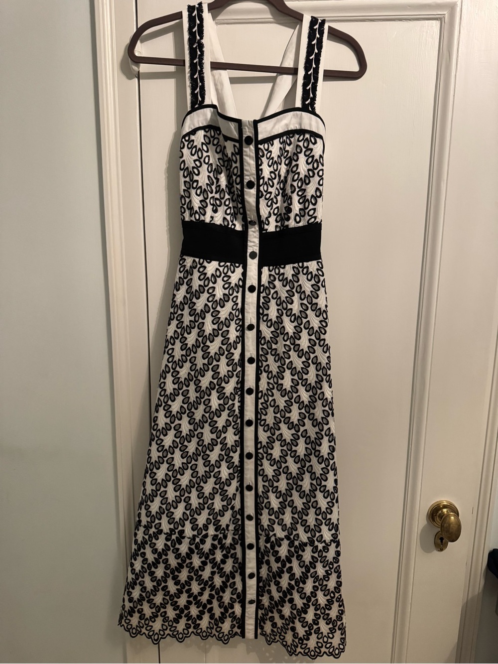 Yigal Azrouel Black and White Printed Eyelet Midi Dress - Size Large